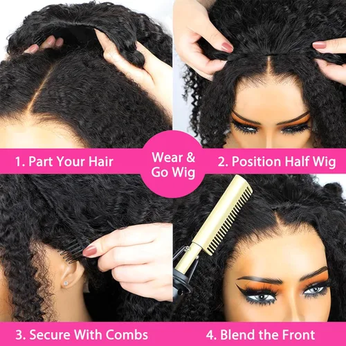 Vista 4 de Curly Half Wig Human Hair - 180% Density 3 in 1 Seamless Flip over Half Wig 14 Inch Glueless Wear Go Beginner Friendly Kinky Curly Wig Drawstring