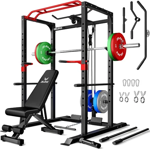 Vista 10 de Jaula de potencia JELENS, banco multifunción S11 con capacidad de 2000LBS, barra para sentadillas con sistema de poleas ajustable y más accesorios