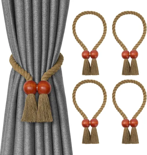Vista 57 de NICEEC 2 Pack de Alzapaños Magnéticos de Madera en Forma de Cubo Boho para Decoración del Hogar, Alzapaños de Lino Tejidos a Mano para Cortinas Beige