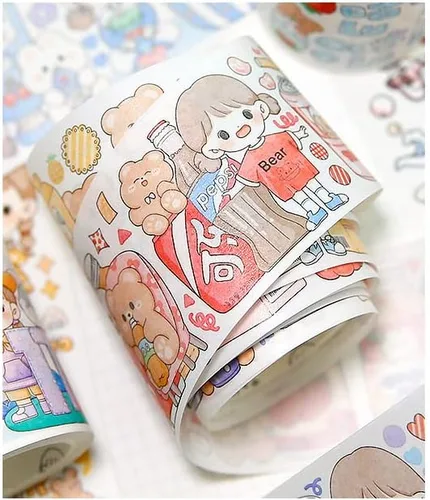 Vista 4 de Kawaii Art Washi Tape - Linda cinta adhesiva para escuela, suministros de oficina, estética, caricaturas, juego de cinta adhesiva decorativa