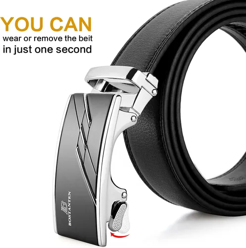 Vista 5 de BOSTANTEN Cinturón de cuero con trinquete para hombre con hebilla ajustable deslizante, corte para adaptarse, Negro