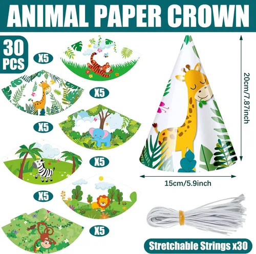 Vista 2 de 30 sombreros de fiesta de animales para niños, sombreros de cono de cumpleaños de safari, 6 x 7.87 pulgadas, suministros de fiesta de cumpleaños