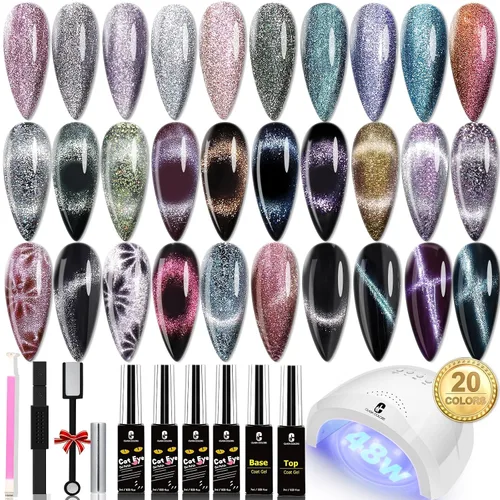Vista 9 de Clara Colors Esmalte de uñas magnético – Kit de esmalte de gel de ojo de gato de 20 colores, esmalte de uñas holográfico con purpurina de ojo