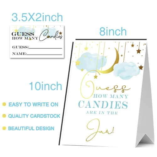 Vista 3 de Guess How Many Candies Baby Shower Games, paquete de 1 logotipo y 50 tarjetas, estrella y luna dorada, nube azul, letreros de baby shower, juego