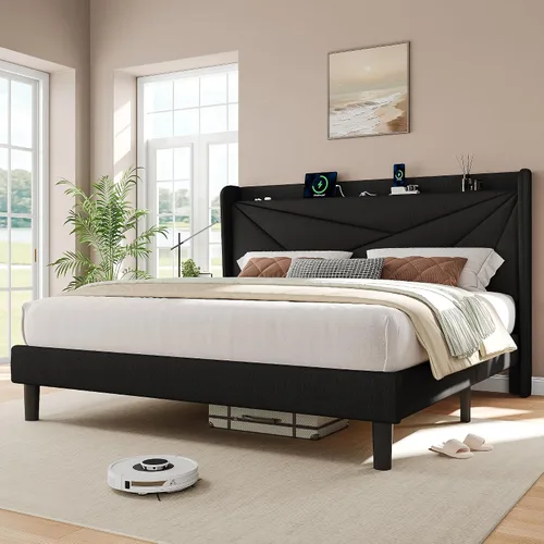 Vista 19 de iPormis Base de cama tamaño Queen con estación de carga, marco de cama de plataforma de lino con cabecera tapizada con respaldo de ala, soporte