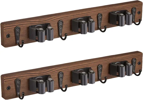 Vista 12 de Paquete de 2 Soportes Negros para Escoba y Trapeador de Montaje en Pared - Colgador de Escoba y Trapeador de Madera - Organizador de Estante