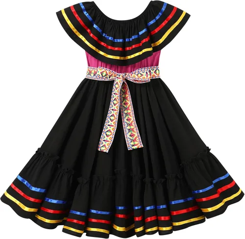 Vista 9 de IBTOM CASTLE Vestido mexicano para niñas, vestido folklórico tradicional con cinturón Rojo