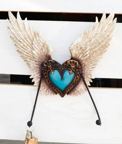 Vista 7 de Ebros Gift Corazón de flor de Lis de cuero sintético rústico occidental con alas de roca turquesa y ángel, ganchos dobles decorativos para colgar