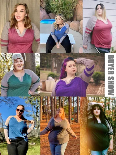 Vista 4 de VISLILY Camisetas de manga larga con cuello en V para mujer, camisetas raglán de talla grande