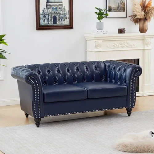 Vista 11 de ORRD Sofá seccional pequeño en forma de L, sofá Chesterfield de cuero copetudo con brazos de desplazamiento y cabeza de clavo para sala de estar