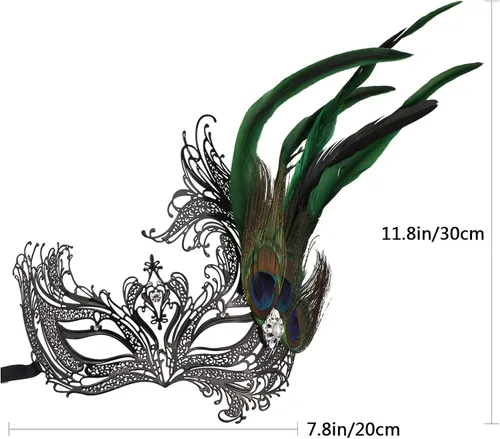Vista 3 de Thmyo Máscara de metal para mascarada con plumas de pavo real máscara veneciana de Halloween