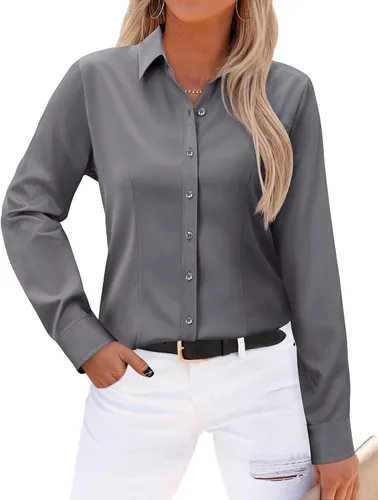 Vista 14 de Gleeivy - Camisas abotonadas para mujer, sin arrugas, de manga larga, camisas de vestir casuales con cuello V, ajustadas, de un solo
