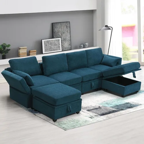 Vista 13 de Moderno sofá cama extraíble de lino con reposacabezas ajustable y carga inalámbrica, sofá esquinero en forma de L de 96 pulgadas, sofá modular