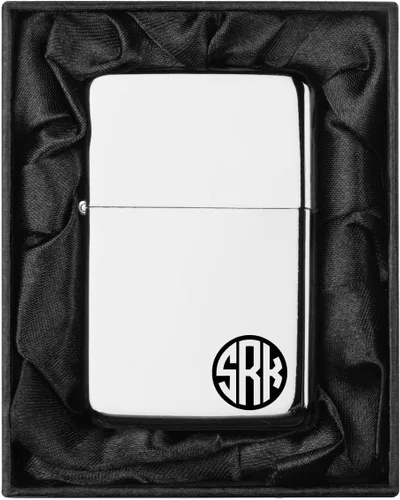 Vista 9 de Encendedor personalizado grabado en caja de regalo forrada en seda negra (Monograma circular 2, negro)