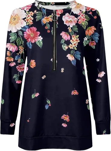 Vista 3 de Camisetas casuales de manga larga para mujer, con cuello en V, con cremallera y estampado vintage