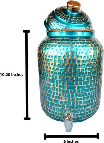 Vista 4 de Rastogi Handicrafts Pote azul martillado cobre puro del tanque de almacenamiento del agua capacidad de 4 litros con la caída y la botella de cobre