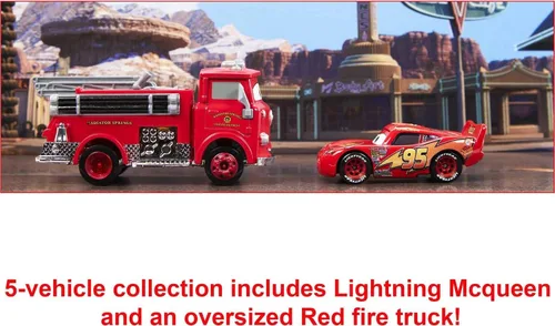 Vista 4 de Mattel Disney y Pixar Cars Vehículo de 5 paquetes con 4 autos de juguete de personajes y 1 camión de bomberos rojo inspirado en Radiator Springs