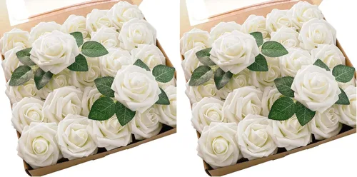 Vista 57 de Floroom Flores artificiales, 25 piezas de rosas falsas de espuma dorada antigua de aspecto real con tallos para ramos de boda DIY, centros de mesa