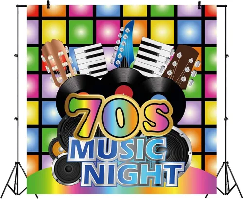 Vista 2 de Yeele Telón de fondo de noche musical de 10 x 10 pies de los años 70 para fotografía, discotecas, fiesta, neón, estilo retro de los años 70, fondo