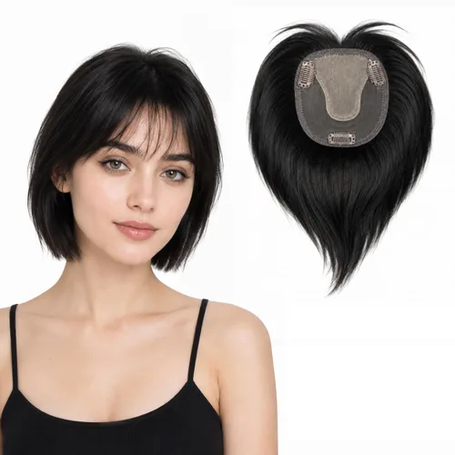 Vista 13 de Peluca de cabello humano para mujer con flequillo, peluca con clip para cabello fino + base de cuero cabelludo de poliuretano de alta densidad