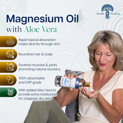 Vista 2 de Health & Wisdom Aceite de magnesio puro con aloe vera, alivio tópico muscular y articular, hidratante natural y puro para la piel, absorción
