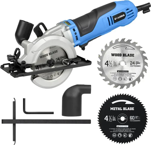 Vista 8 de Mini Sierra Circular, Sierra Circular con Cable de 4 Amperios 3500RPM con Guía Láser, Guía de Corte Longitudinal, Sierra Compacta con 2 Pzas Hojas
