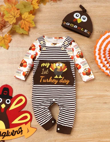 Vista 2 de My First Thanksgiving Outfit - Conjunto de ropa para bebé recién nacido, diseño de pavo + pantalones con tirantes + sombrero para Acción de Gracias
