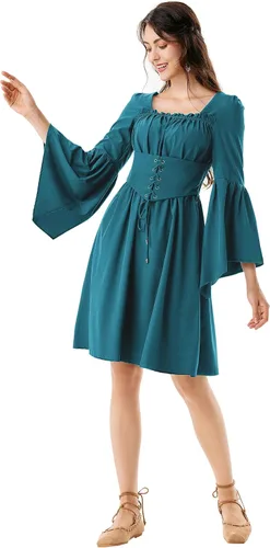 Vista 3 de Scarlet Darkness Vestido renacentista para mujer, manga larga, acampanado, medieval, cuello cuadrado, vestido de patinadora con bolsillos