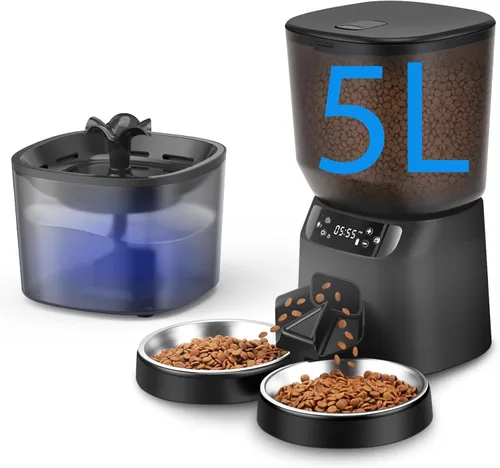 Vista 11 de Alimentador automático para gatos y fuente de agua, dispensador de alimentos secos para gatos con temporizador de 4 litros/16 tazas, llamada