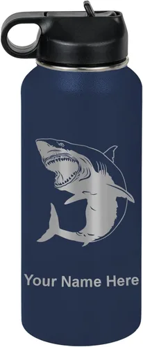 Vista 56 de LaserGram Botella de agua personalizada, gran tiburón blanco, acero inoxidable de doble pared aislada al vacío con popote superior, regalo grabado