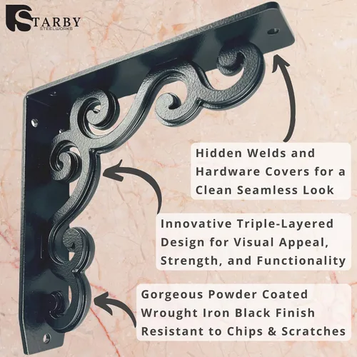 Vista 4 de Soportes de estante de metal Starby resistentes ~ Soportes de corbel de pared de hierro para mostrador, repisa, estantes ~ Hierro forjado negro ~