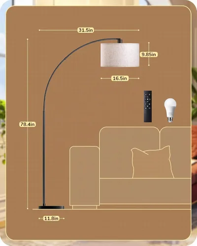 Vista 2 de EDISHINE Lámpara de pie moderna de arco de 78.3 pulgadas con control remoto, lámpara de pie negra alta con bombilla regulable continua y 5
