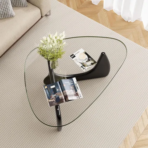 Vista 4 de Mesa de centro de cristal triangular moderna de mediados de siglo para sala de estar, mesa auxiliar minimalista para dormitorio, oficina y recepción