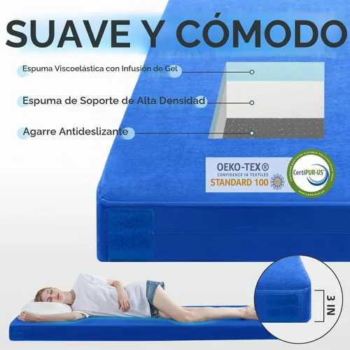 Vista 2 de Kingfun Colchón de espuma viscoelástica CertiPUR-US de 3 pulgadas, impermeable, enrollable, tapete grueso para dormir para tienda de campaña con Azul