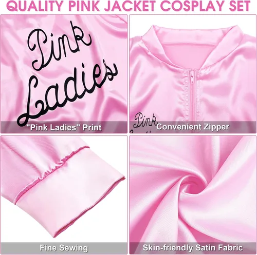 Vista 4 de SOMSOC Chaqueta de satén rosa de los años 50 con falda larga de lunares, conjunto de disfraz de cosplay de Halloween de los años 50, chaqueta