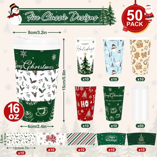 Vista 2 de LANLISA Paquete de 50 tazas de café navideñas de 16 onzas con tapas