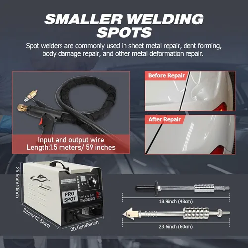 Vista 6 de Kit de reparación de abolladuras con soldador de puntos MOTOCOCHE, extractor de abolladuras para carrocería de coche de 1.8KW 220V con 6 modos