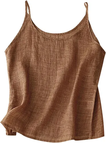 Vista 3 de Camisola de verano para mujer, de algodón, lino, espagueti, sin mangas, casual, ajuste holgado, capa base, camisetas sin mangas para playa
