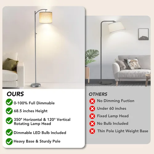 Vista 2 de Lámpara de pie regulable, lámparas de pie de arco para sala de estar, lámpara de pie moderna de atenuación continua con pantalla de lino, lámpara