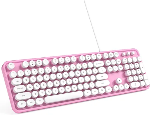 Vista 13 de Teclado de computadora con cable MOWUX, teclado retro redondo con cable USB de plug and play, teclado con cable de tamaño completo con soportes
