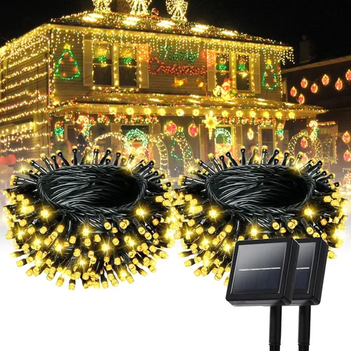 Vista 12 de Guirnalda de luces solares impermeables para exteriores, 200 luces LED extralargas de 82 pies, luces solares de Navidad, luces solares impermeables