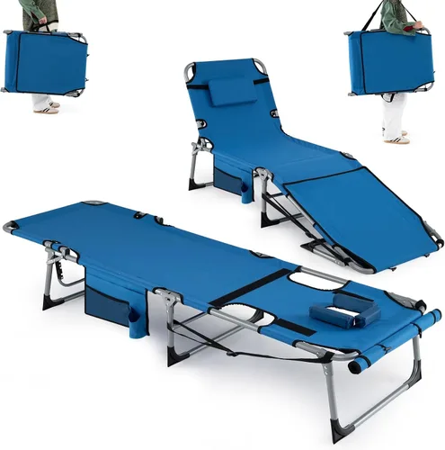 Vista 11 de Goplus Silla de bronceado con agujeros para brazos faciales, silla portátil para tomar el sol con respaldo de 4 niveles y almohada para la cabeza