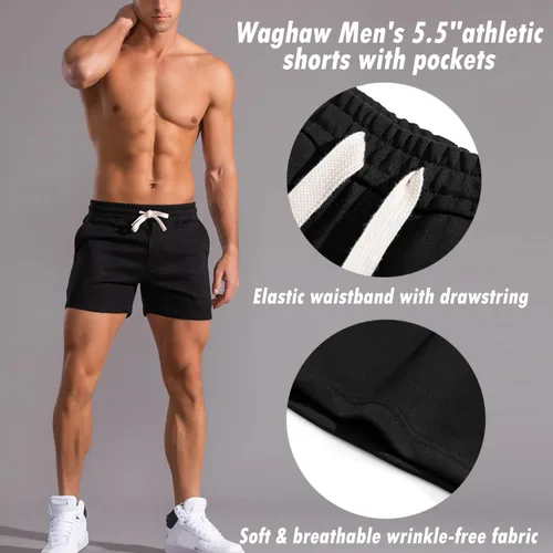 Vista 2 de Pantalones cortos de algodón de 5.5/7 pulgadas para hombre, pantalones cortos de entrenamiento de algodón con bolsillos