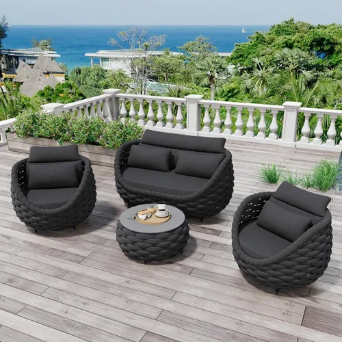 Vista 41 de Juego de muebles de patio de aluminio de 3 piezas: cuerda tejida a mano para conversación al aire libre, juego de 2 cojines modernos montados, juego