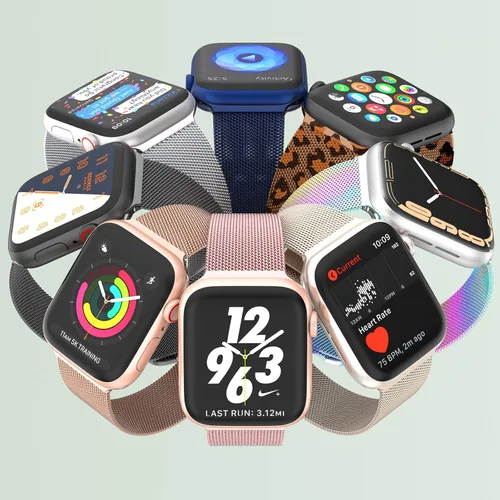 Vista 5 de Marge Plus Correa de malla de acero inoxidable cierre magnético para Apple Watch 7/6/5/4/3/2/1/SE de 1.5"/1.58"/1.61"/1.65"/1.73"/1.77" para A- Luz