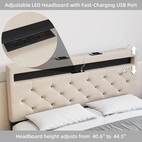 Vista 3 de Base de cama Queen con cabecera de luces LED, marco de cama LED con puerto USB de carga rápida, marco de cama de plataforma tapizada, no necesita