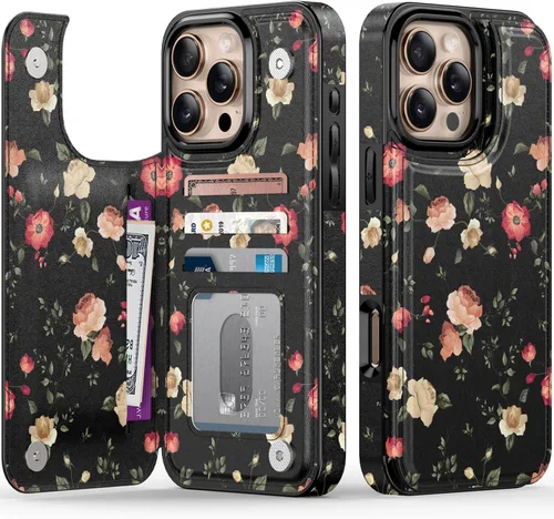 Vista 100 de LETO para iPhone 15 Pro Funda tipo cartera - Tapa tipo folio con patada - Diseños de moda - Tarjetero - Funda protectora para mujeres y niñas - 6.1