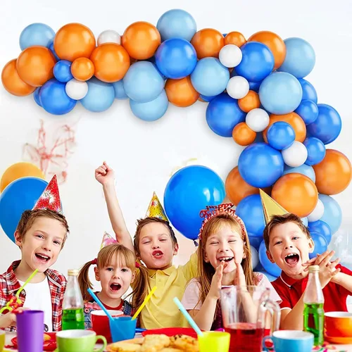 Vista 5 de Kit de arco de guirnalda de globos, kit de arco de globos azul y naranja y blanco, guirnalda de globos, globos de látex para decoración