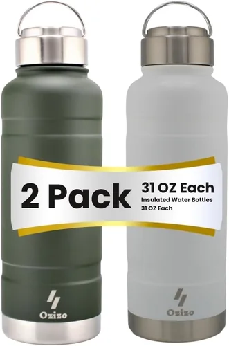 Vista 12 de Ozizo - Paquete de 2 botellas de agua aisladas, termo de 31 onzas, botella de agua de acero inoxidable con tapa, doble pared aislada al vacío, boca