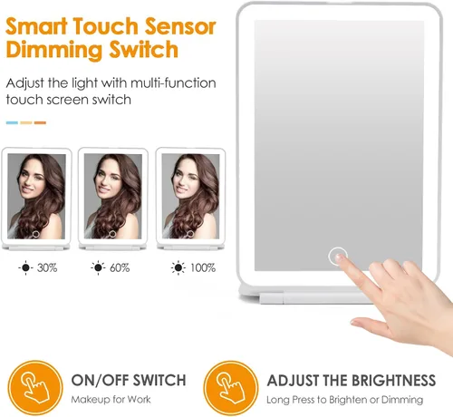Vista 3 de DenCert Espejo de Maquillaje de Viaje Recargable con 72 LED Iluminado Compacto Delgado Tocador con Luces 3 Modos de Iluminación Regulable Pantalla